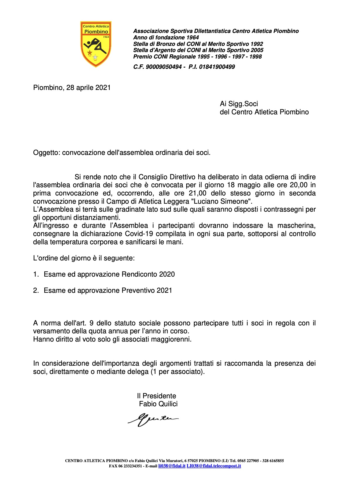 20210428 ConvocazioneAssembleaOrdinaria Approvazione Rendiconto 2020